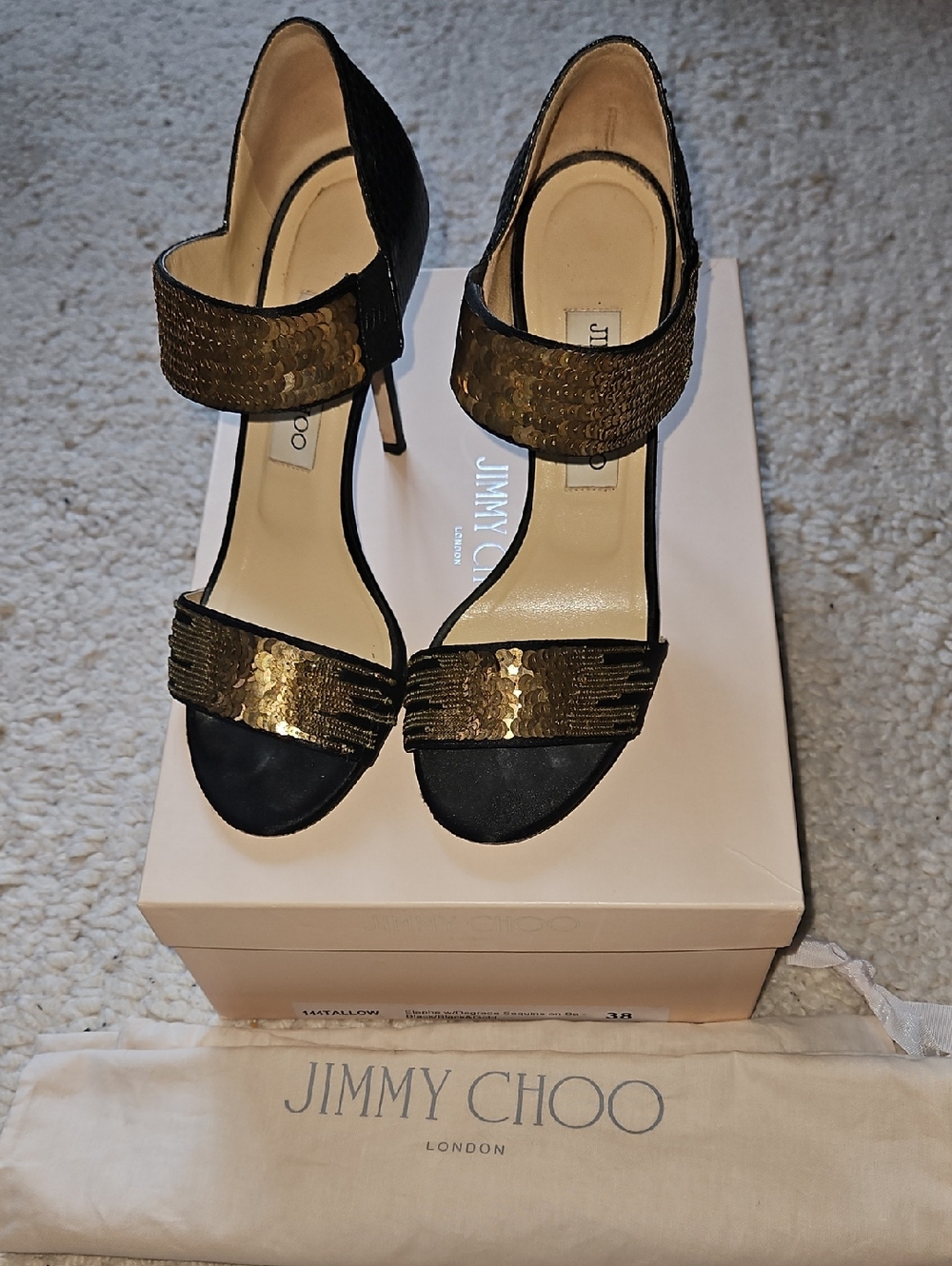 Jimmy Choo Black with Gold Sequin Strap Heels